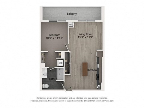 Floor plan for 1 bed, 1 bath, 748 sqft