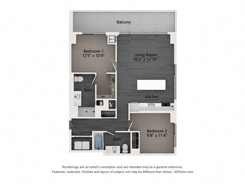 Floor plan for 2 beds, 2 baths, 1028 sqft