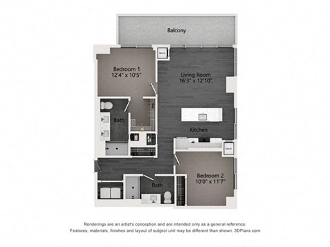 Floor plan for 2 beds, 2 baths, 1035 sqft
