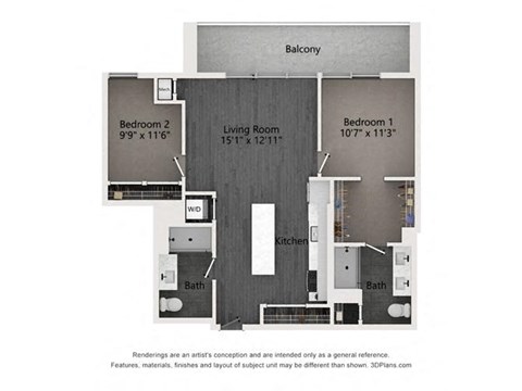 Floor plan for 2 beds, 2 baths, 1040 sqft