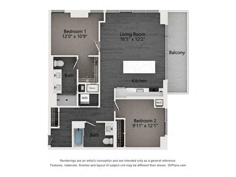 Floor plan for 2 beds, 2 baths, 1060 sqft