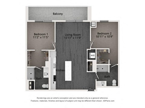 Floor plan for 2 beds, 2 baths, 1098 sqft