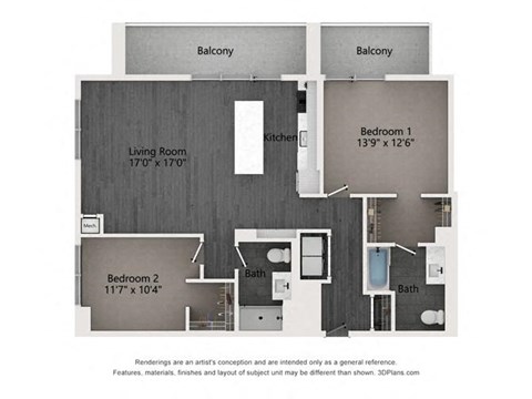 Floor plan for 2 beds, 2 baths, 1211 sqft