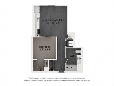 Floor plan for studio, 1 bath, 559 sqft