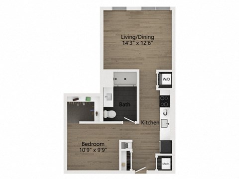 Floor plan for studio, 1 bath, 629 sqft