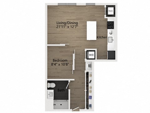 Floor plan for studio, 1 bath, 613 sqft