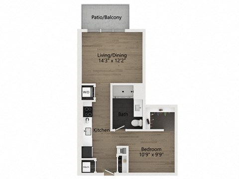 Floor plan for studio, 1 bath, 637 sqft