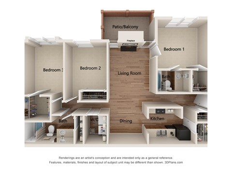 Floor plan for 3 beds, 2 baths, 1254 sqft