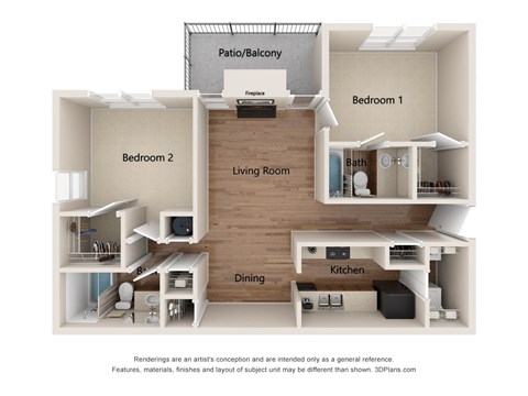 Floor plan for 2 beds, 2 baths, 1052 sqft