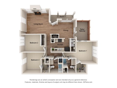 Floor plan for 3 beds, 2 baths, 1386 sqft