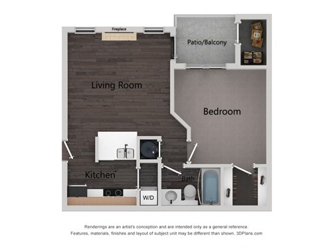 Floor plan for 1 bed, 1 bath, 603 sqft