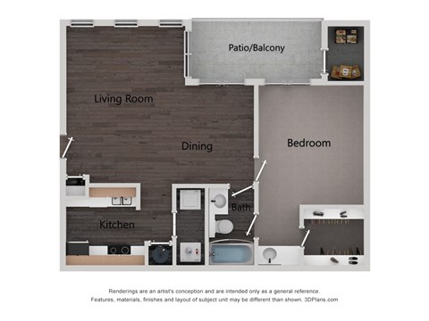Floor plan for 1 bed, 1 bath, 874 sqft