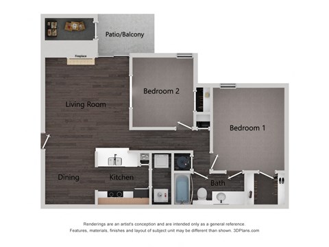 Floor plan for 2 beds, 1 bath, 945 sqft