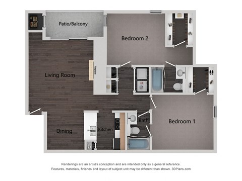 Floor plan for 2 beds, 2 baths, 1101 sqft