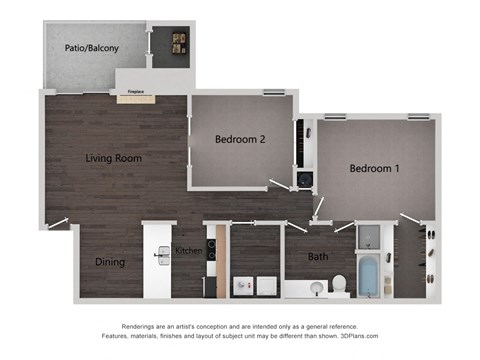 Floor plan for 2 beds, 1 bath, 1115 sqft