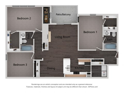 Floor plan for 3 beds, 2 baths, 1289 sqft