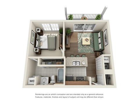 Floor plan for 1 bed, 1 bath, 525 sqft