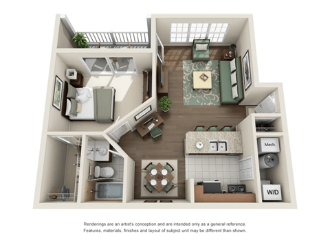 Floor plan for 1 bed, 1 bath, 714 sqft