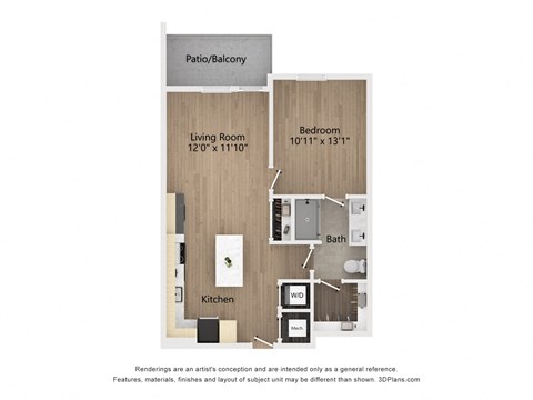 Floor plan for 1 bed, 1 bath, 742 sqft