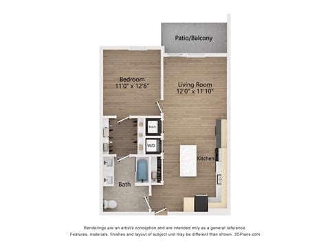 Floor plan for 1 bed, 1 bath, 752 sqft