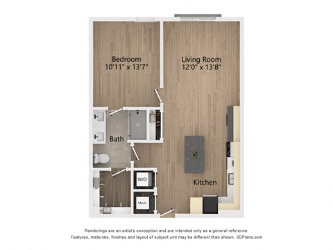 Floor plan for 1 bed, 1 bath, 778 sqft