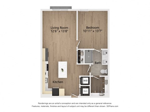 Floor plan for 1 bed, 1 bath, 792 sqft