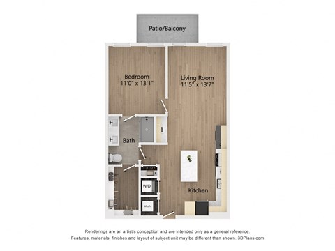 Floor plan for 1 bed, 1 bath, 798 sqft