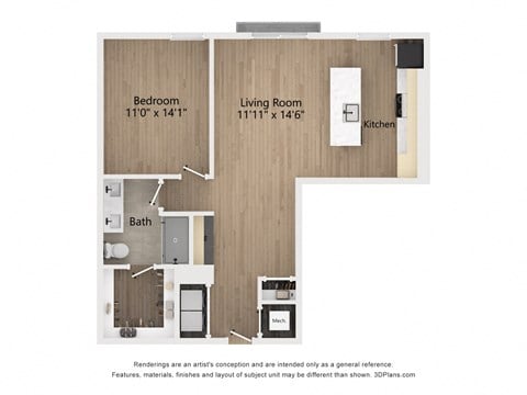 Floor plan for 1 bed, 1 bath, 875 sqft