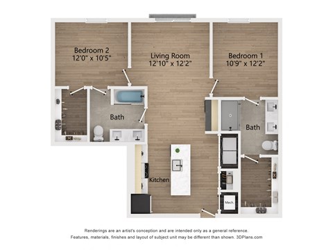 Floor plan for 2 beds, 2 baths, 1052 sqft