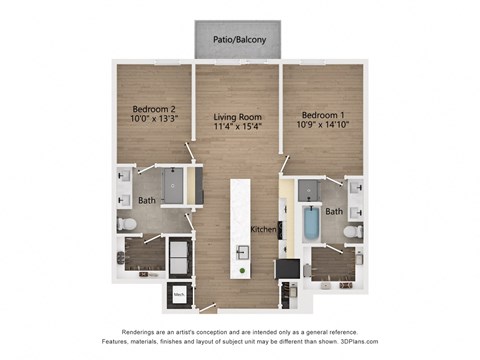 Floor plan for 2 beds, 2 baths, 1100 sqft