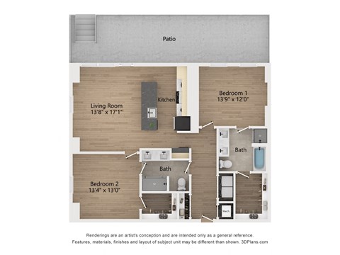 Floor plan for 2 beds, 2 baths, 1270 sqft