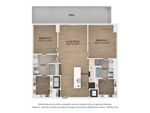 Floor plan for 2 beds, 2 baths, 1331 sqft