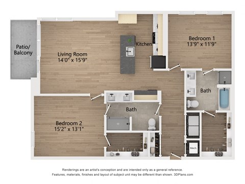 Floor plan for 2 beds, 2 baths, 1340 sqft