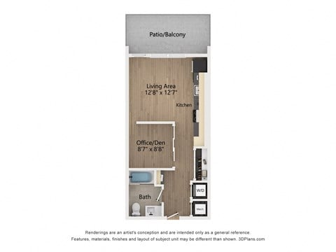 Floor plan for studio, 1 bath, 526 sqft