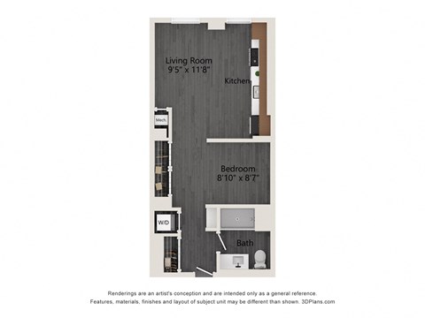 Floor plan for studio, 1 bath, 635 sqft