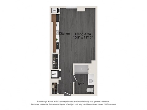 Floor plan for studio, 1 bath, 504 sqft
