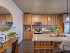 Chicago apartment for rent - a kitchen with wooden cabinets and a counter top