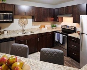 Woodbury apartment for rent - Valley Creek apartment kitchen with dark cabinetry