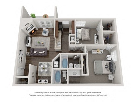 Floor plan for 2 beds, 2 baths, 950 sqft