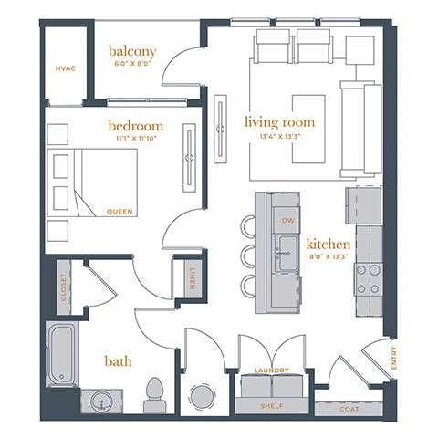 Floor plan for 1 bed, 1 bath, 738 sqft