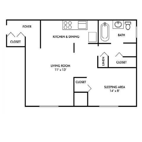 Floor plan for studio, 1 bath, 650 sqft