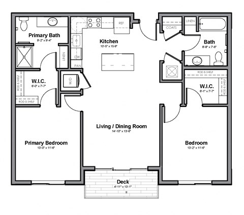 Floor plan for 2 beds, 2 baths, 1036 sqft