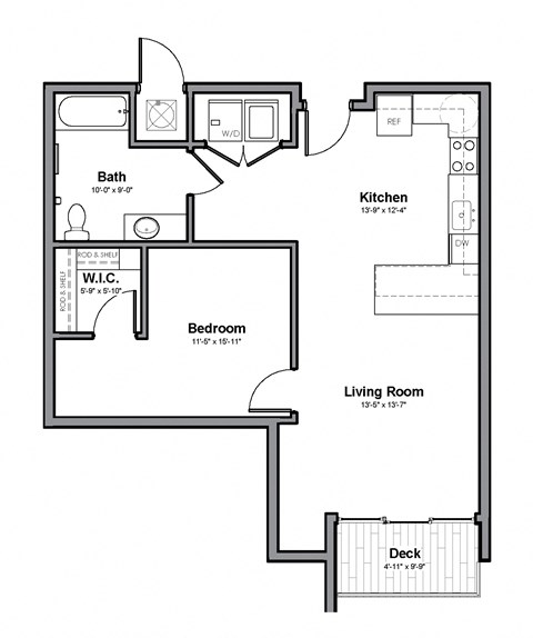 Floor plan for 1 bed, 1 bath, 714 sqft