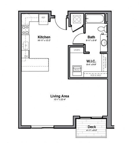Floor plan for studio, 1 bath, 618 sqft