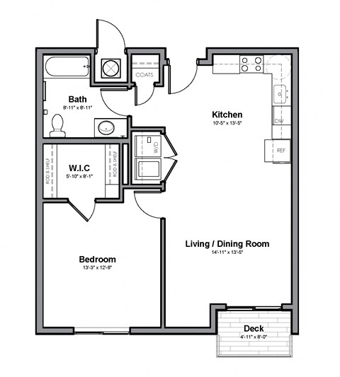 Floor plan for 1 bed, 1 bath, 734 sqft