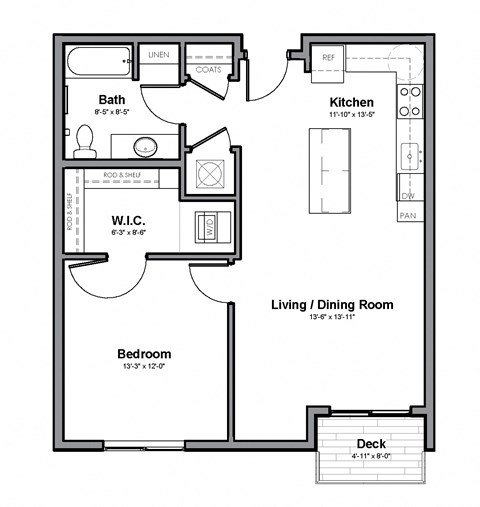 Floor plan for 1 bed, 1 bath, 676 sqft