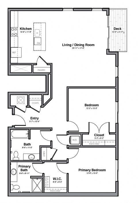 Floor plan for 2 beds, 2 baths, 1300 sqft