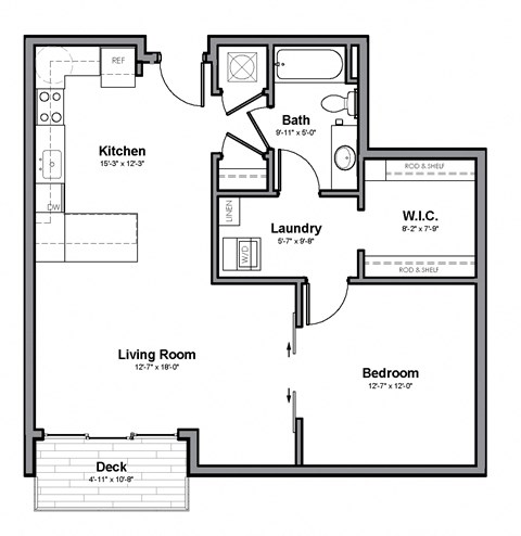 Floor plan for 1 bed, 1 bath, 784 sqft