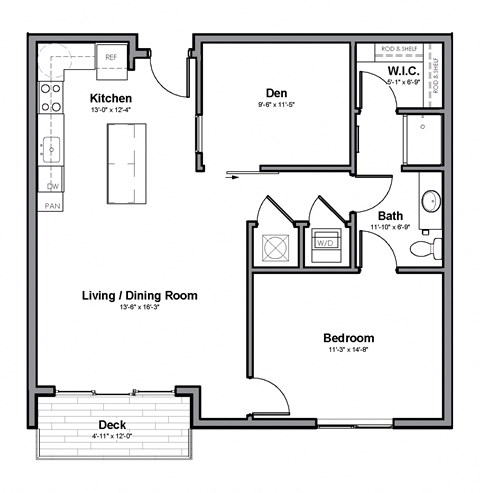 Floor plan for 1 bed, 1 bath, 869 sqft