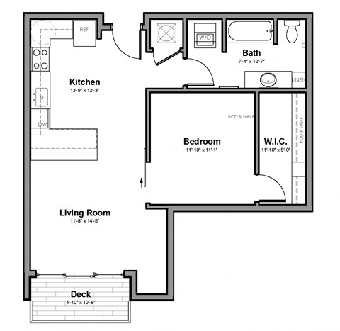 Floor plan for studio, 1 bath, 667 sqft